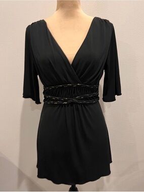 Black V-Neck Empire Waist Tunic with Braided Waist Detail